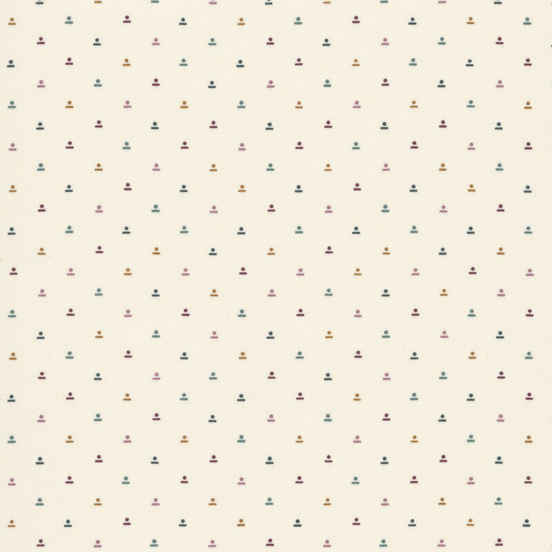 Cream fabric with small, multicolor geometrics in a staggered grid.