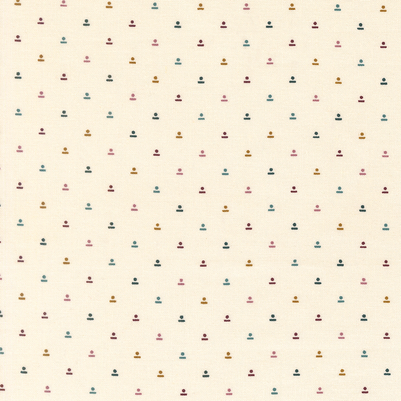 Cream fabric with small, multicolor geometrics in a staggered grid.