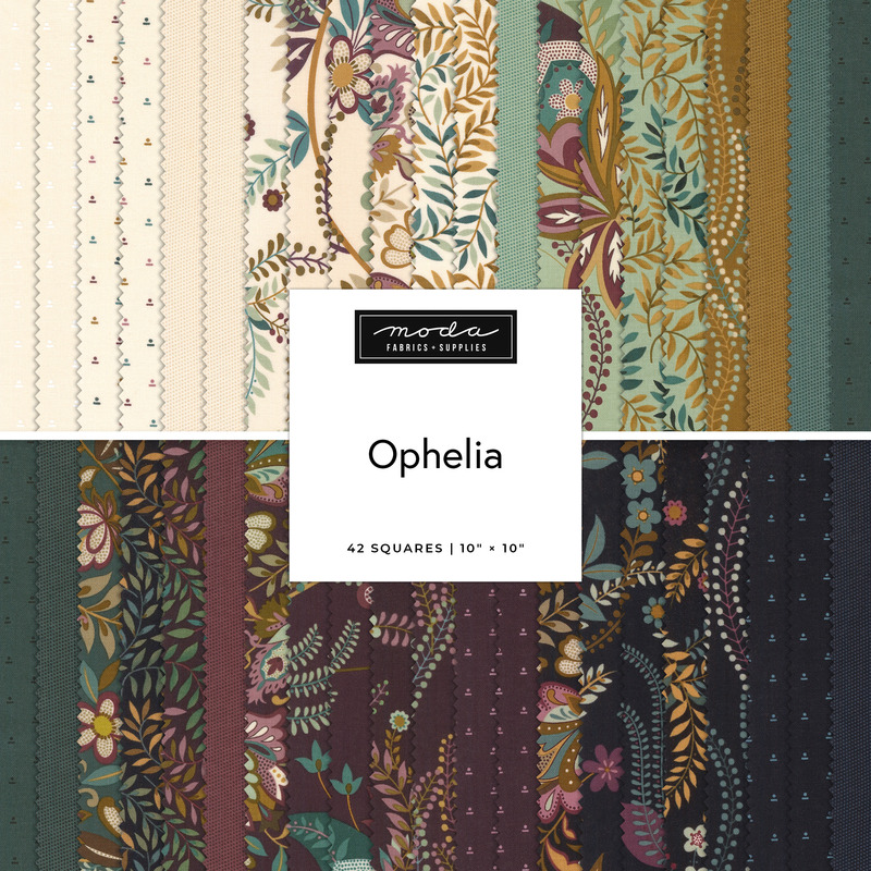 Digital collage of the Layer Cake Bundle from the Ophelia fabric collection.