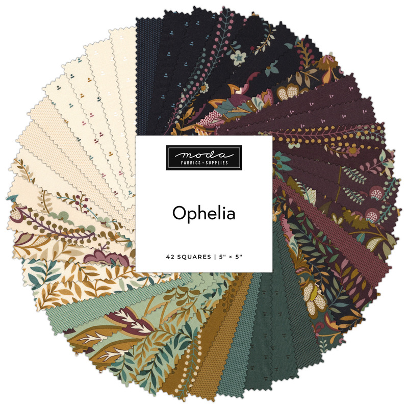 Digital collage of the Charm Pack Bundle from the Ophelia fabric collection.