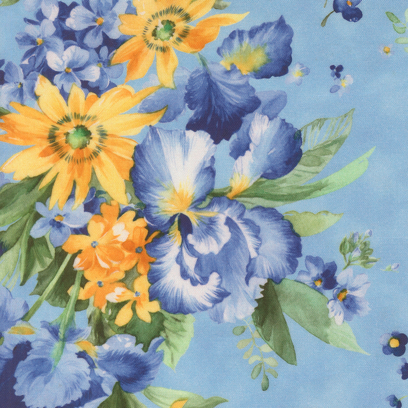 Light blue fabric topped with large bunches of florals.