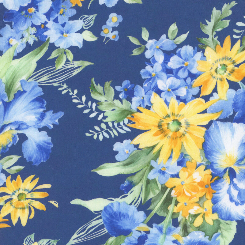deep blue fabric topped with large bunches of florals.