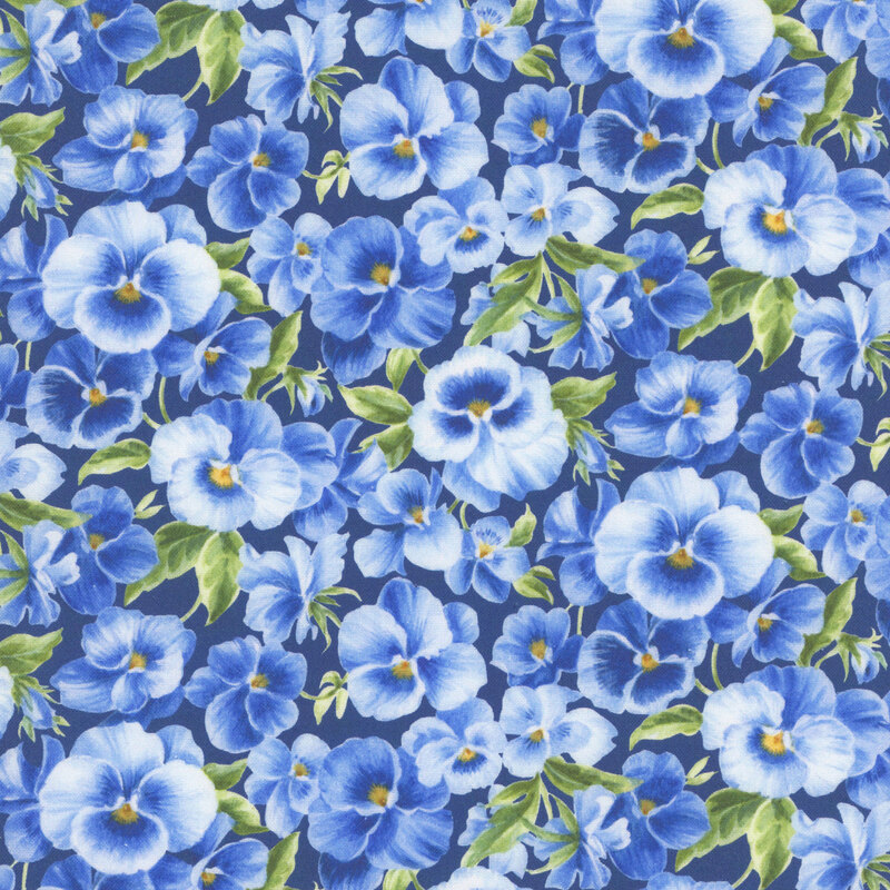 dark blue fabric packed with light and dark blue pansies.