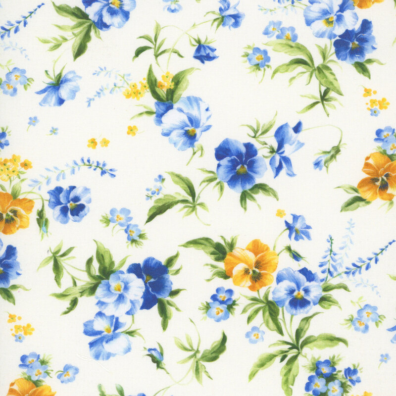 Ivory fabric with scattered florals and leaves.
