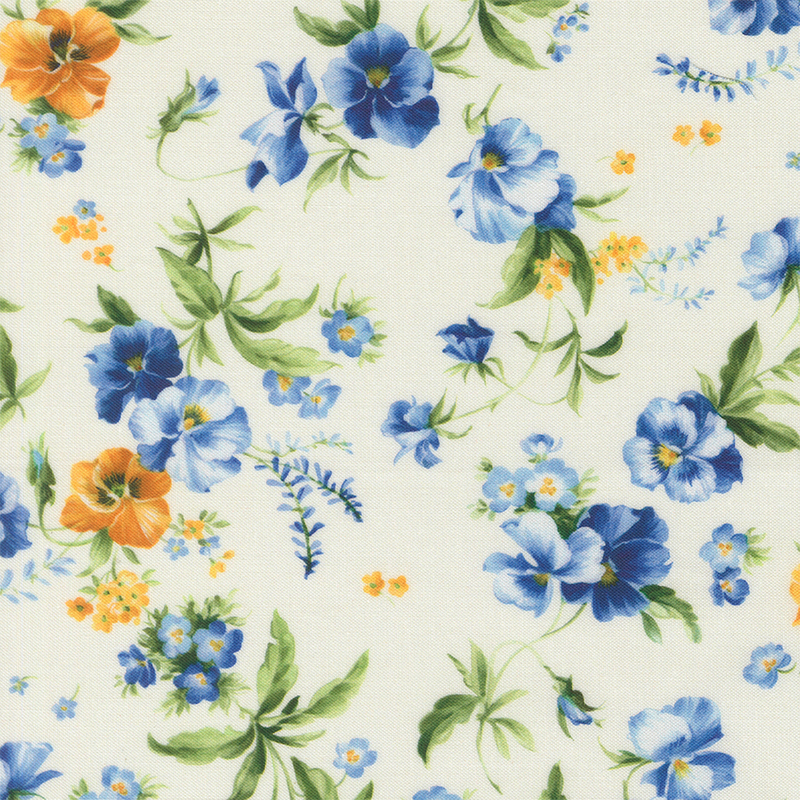 Ivory mottled fabric with scattered florals and leaves.