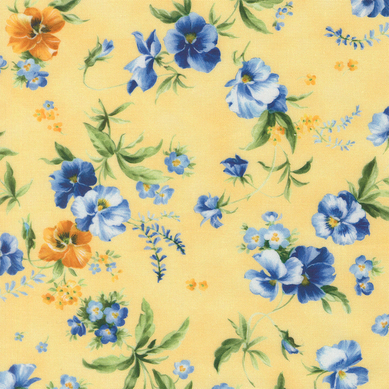 Canary yellow mottled fabric with scattered florals and leaves.
