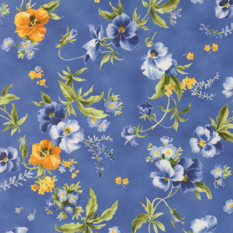 Royal blue mottled fabric with scattered florals and leaves.