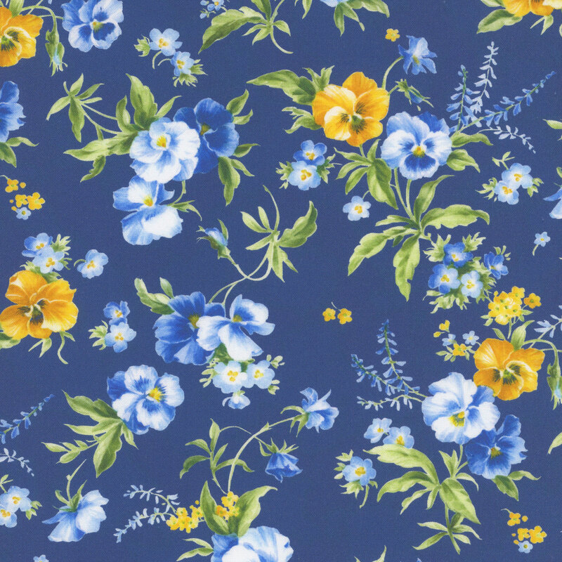 Dark blue mottled fabric with scattered florals and leaves.