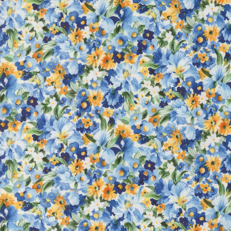 Ivory fabric packed with a medley of yellow and blue florals.