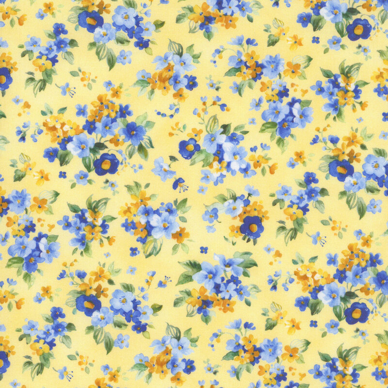 Canary yellow fabric with small bunches of yellow and blue florals.