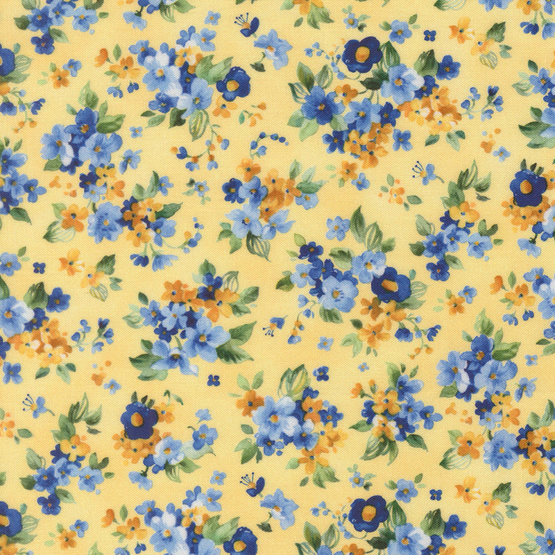 Canary yellow fabric with small bunches of yellow and blue florals.