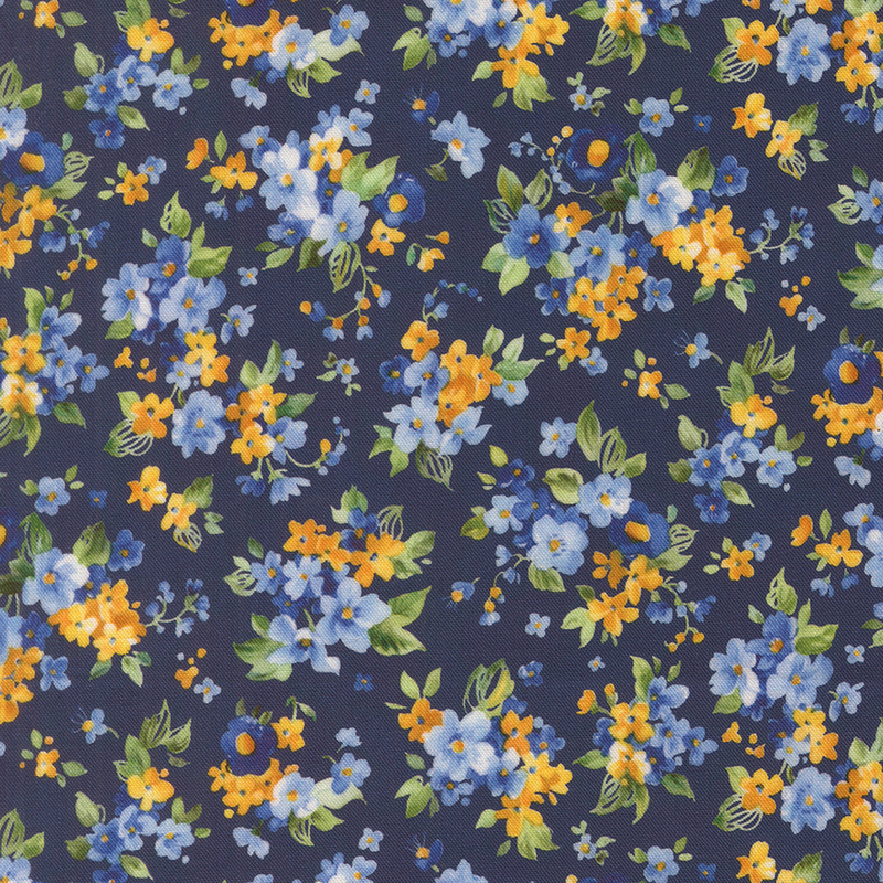 Dark lagoon blue fabric with small bunches of yellow and blue florals.