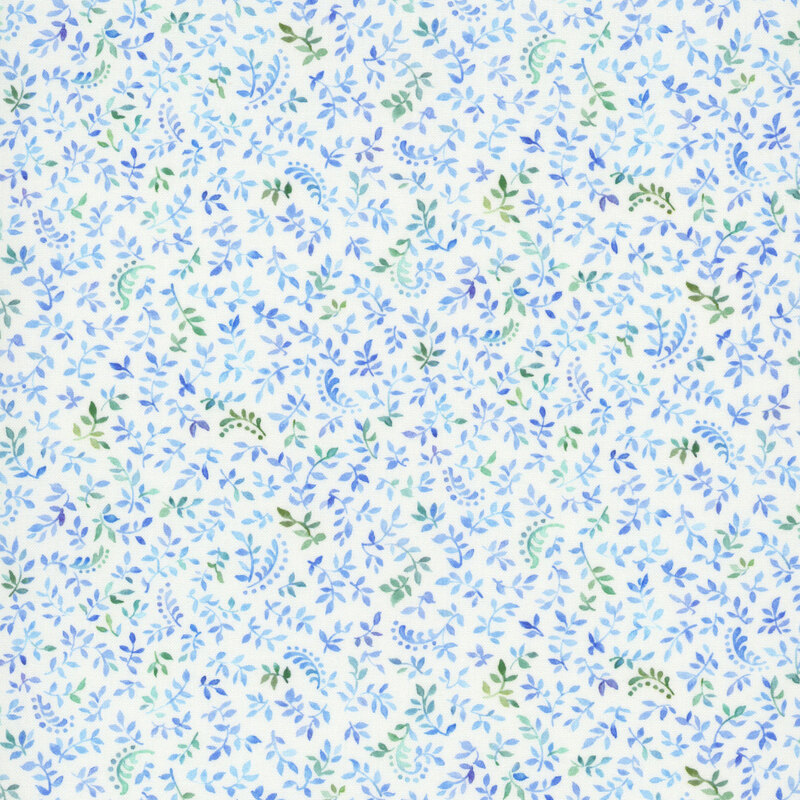 Ivory fabric scattered with green and blue sprigs and leaves.