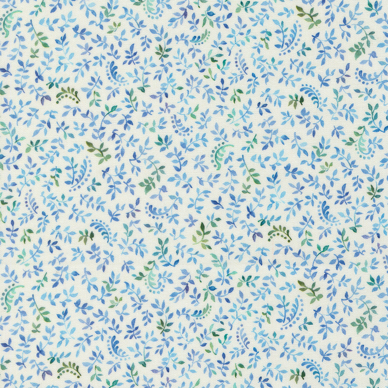 Ivory fabric scattered with green and blue sprigs and leaves.