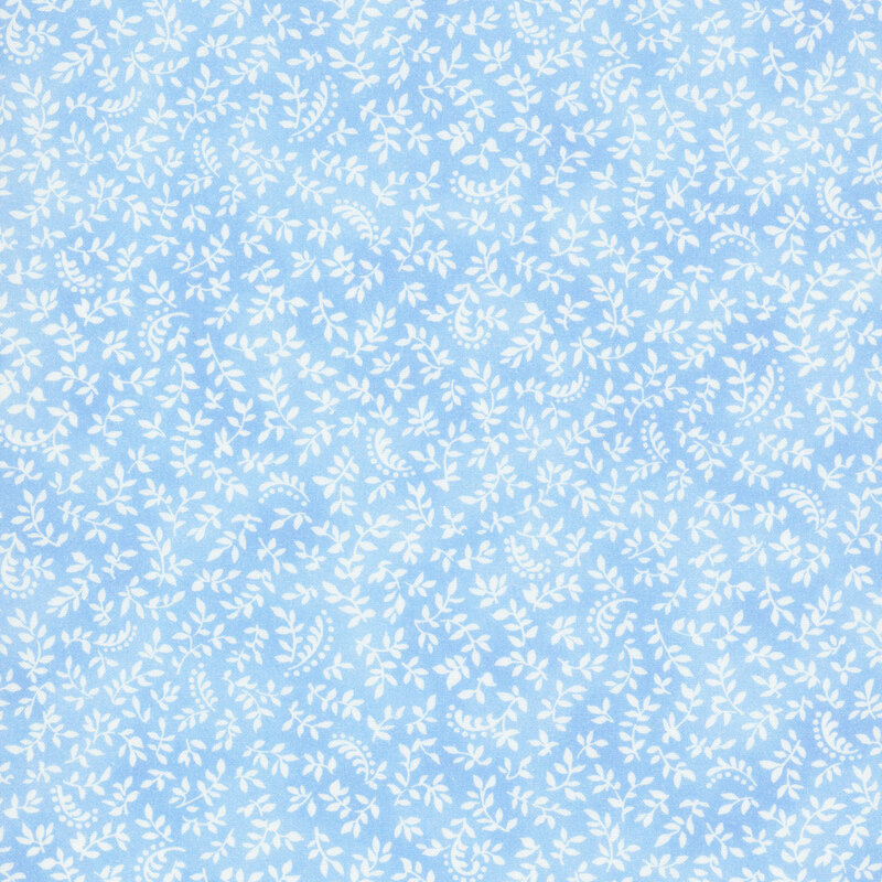 Light blue fabric scattered with ivory sprigs and leaves.