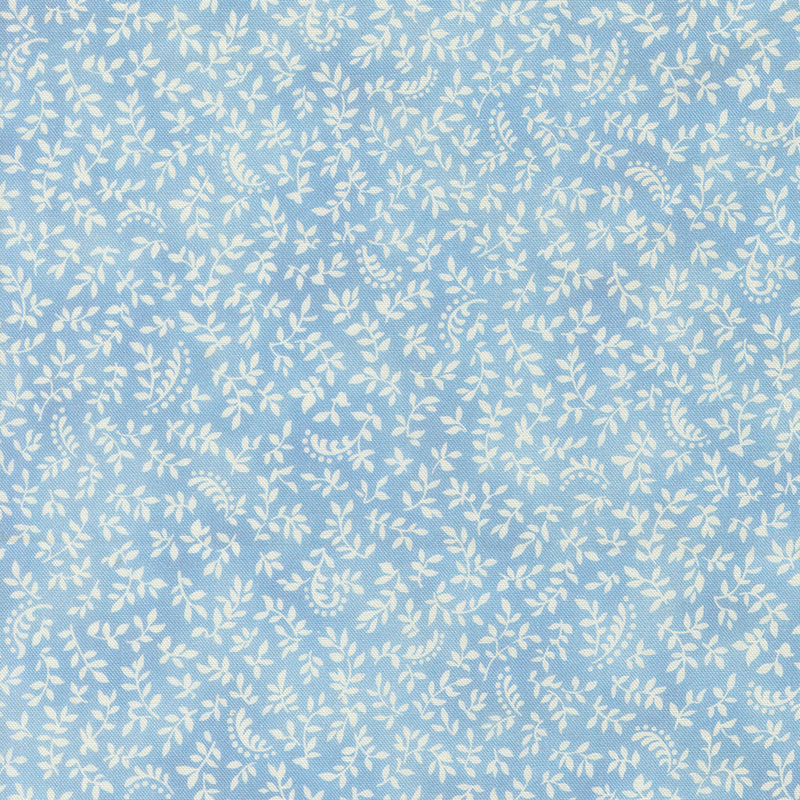 Light blue fabric scattered with ivory sprigs and leaves.