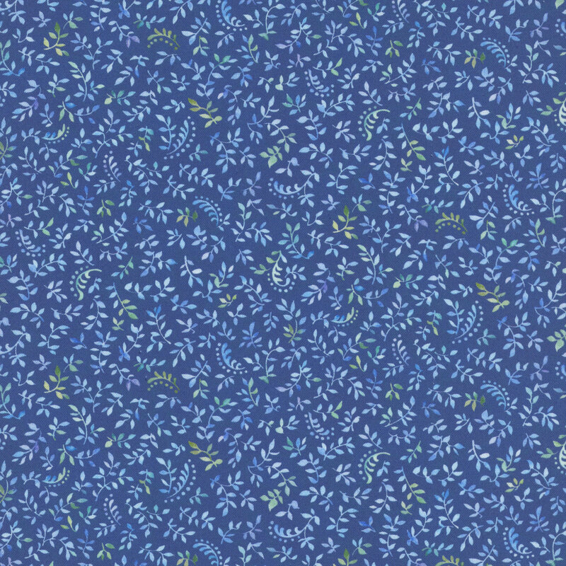 Dark royal blue fabric scattered with light blue and green sprigs and leaves.