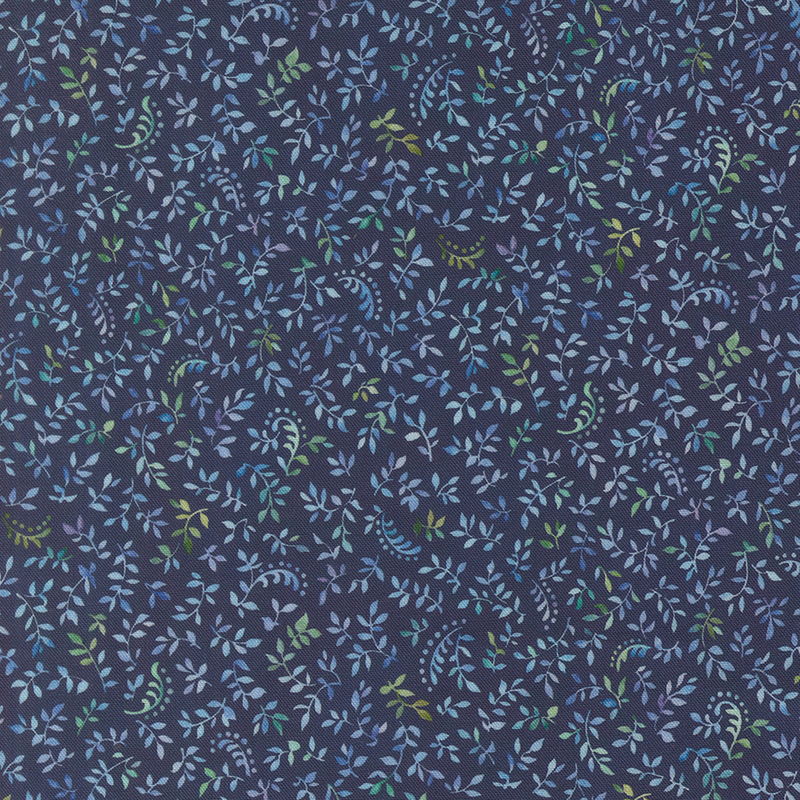 Dark lagoon blue fabric scattered with light blue and green sprigs and leaves.