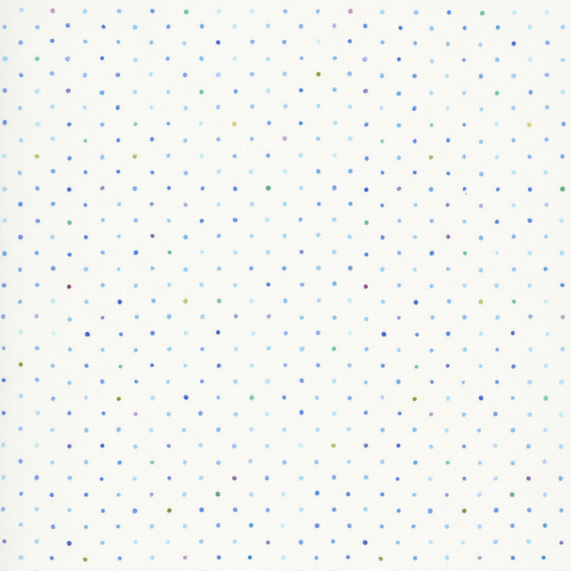 Ivory fabric with a multicolored staggered grid of small dots on a mottled background.