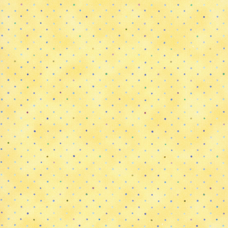 Canary yellow fabric with a multicolored staggered grid of small dots on a mottled background.