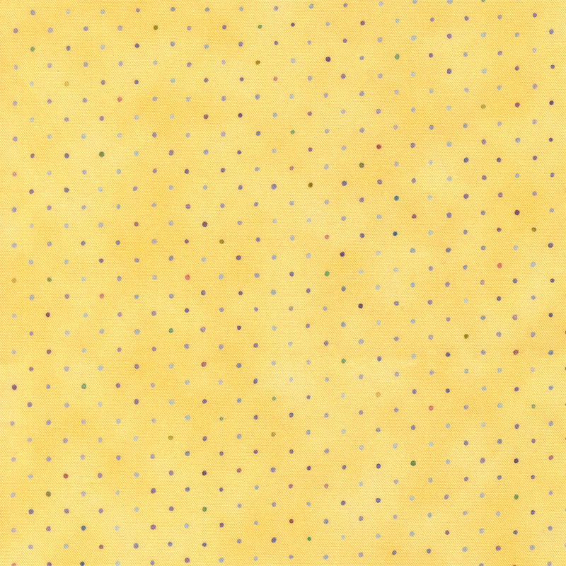 Canary yellow fabric with a multicolored staggered grid of small dots on a mottled background.