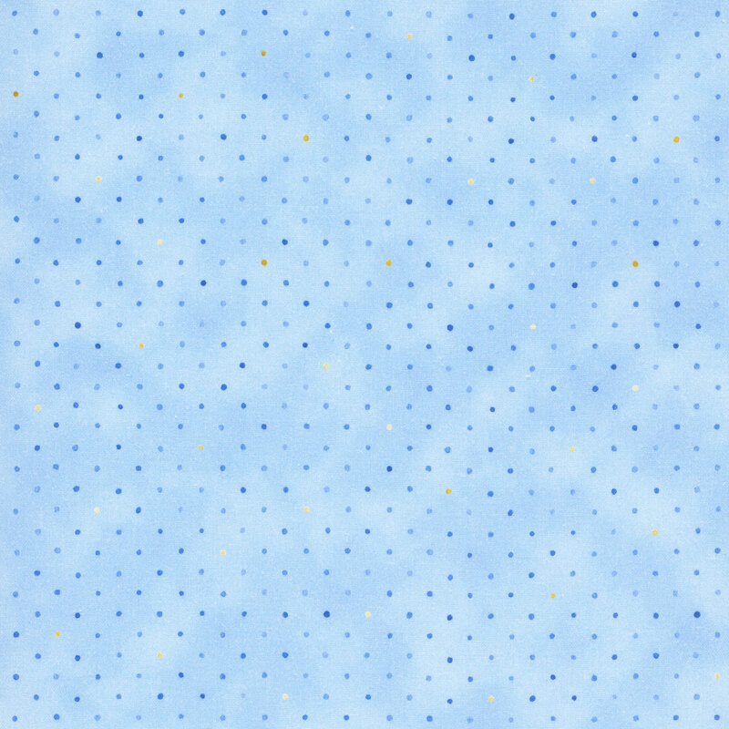 Light blue fabric with a multicolored staggered grid of small dots on a mottled background.