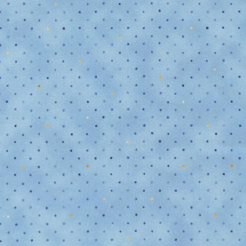 Light blue and mottled fabric with a staggered pattern of small multicolored dots.