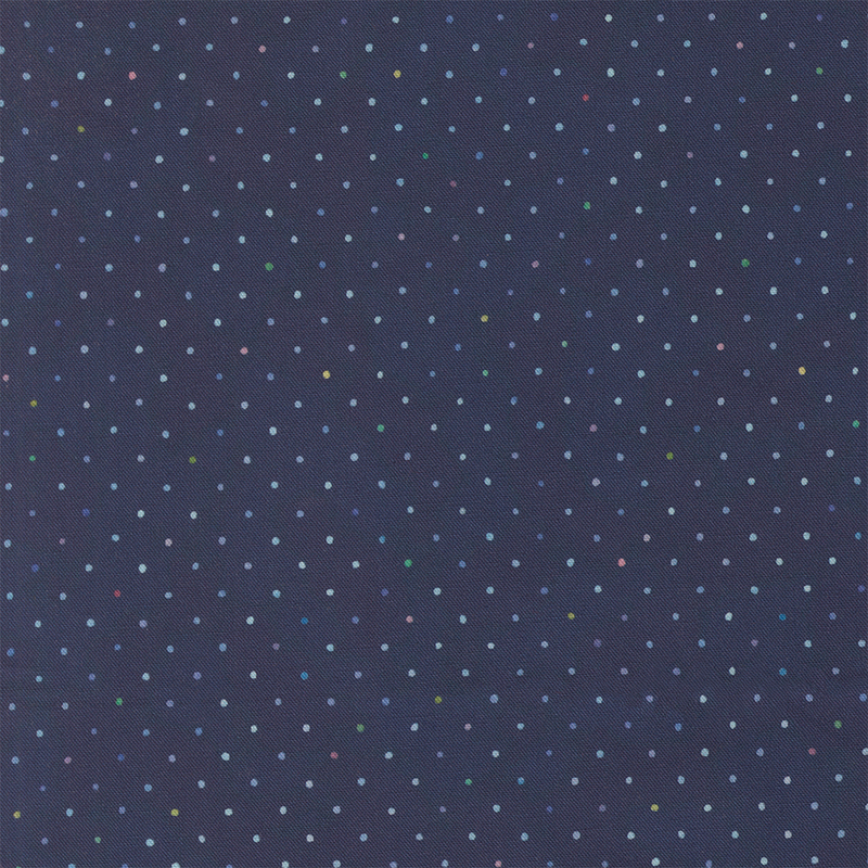 Lagoon blue and mottled fabric with a staggered pattern of small multicolored dots.