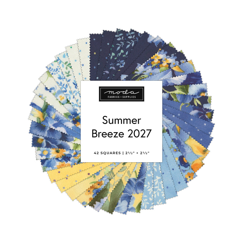 Digital collage of the Mini Charm Pack Bundle from the Summer Breeze 2027 fabric collection.