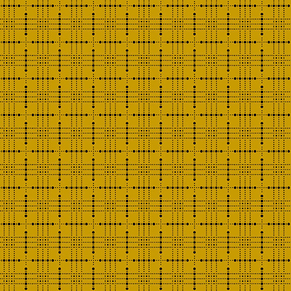 This brassy yellow fabric features a abstract plaid design composed of black dots and dashes. 