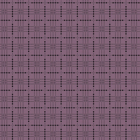 This muted purple fabric features a abstract plaid design composed of black dots and dashes. 