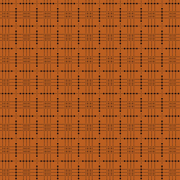 This pumpkin orange fabric features a abstract plaid design composed of black dots and dashes. 