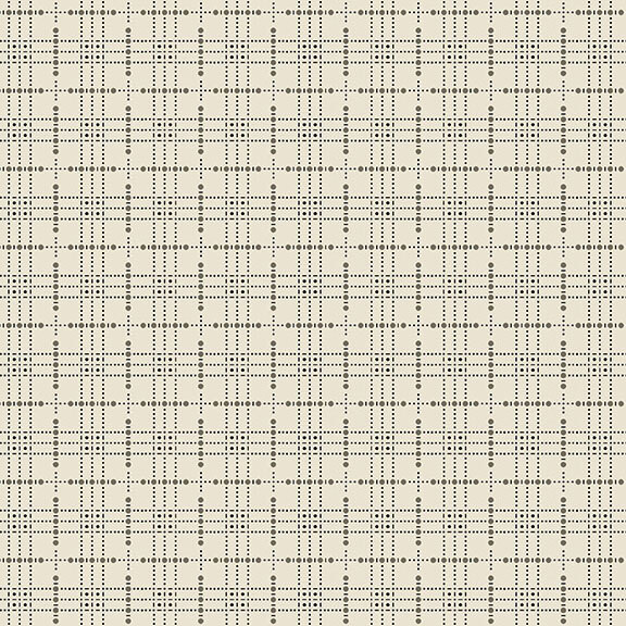 This off white fabric features a abstract plaid design composed of black dots and dashes. 