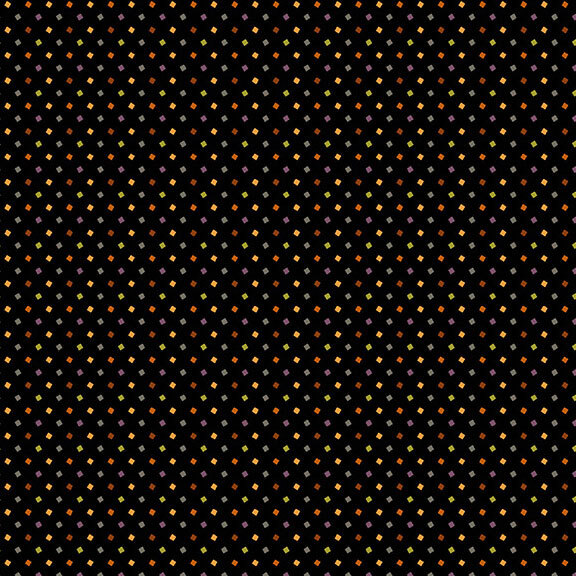This pitch black fabric features tiny multi colored squares. 