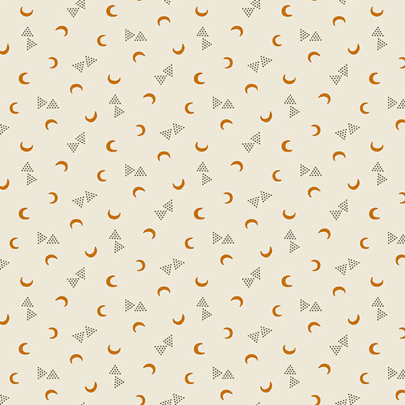This white fabric features orange crescent moons and clusters of dotted triangles. 