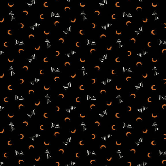 This pitch black fabric features orange crescent moons and clusters of dotted triangles. 