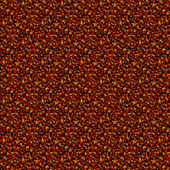This chili pepper red fabric features a packed design of frog green, orange and muted purple dots. 