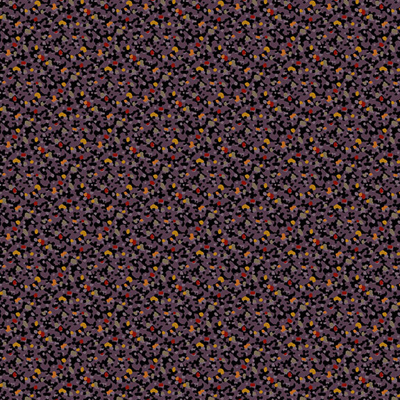 This muted purple fabric features a packed design of red, orange and dark grey dots. 