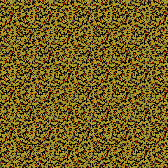 This frog green fabric features a packed design of red, orange and muted purple dots. 