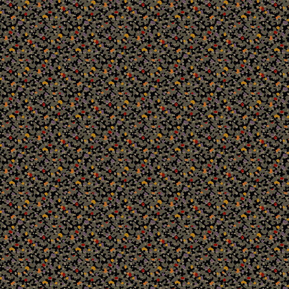 This dark grey fabric features a packed design of red, orange and muted purple dots. 