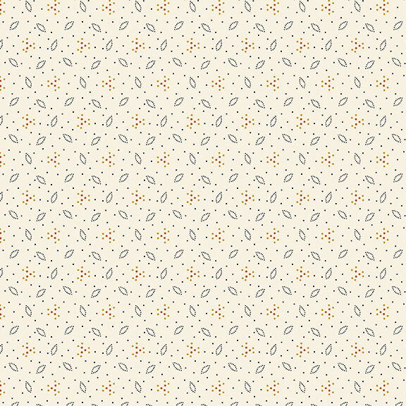 This white fabric features a design of dotted leaves and flowers. 