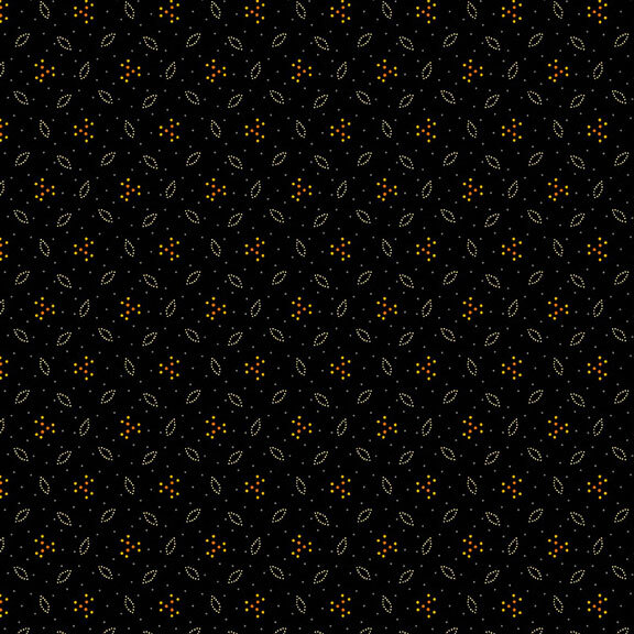 This black fabric features a design of dotted leaves and flowers. 