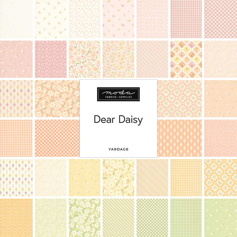A fabric collage of pastel daisy fabrics from the Dear Daisy collection by Moda. 