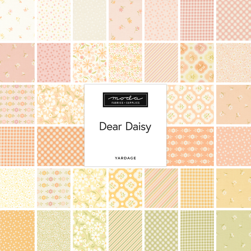 A fabric collage of pastel daisy fabrics from the Dear Daisy collection by Moda. 