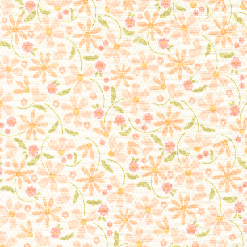 This white fabric features tossed peach and pink daisies. 