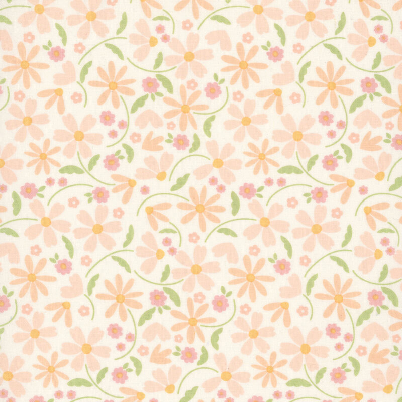This white fabric features tossed peach and pink daisies. 