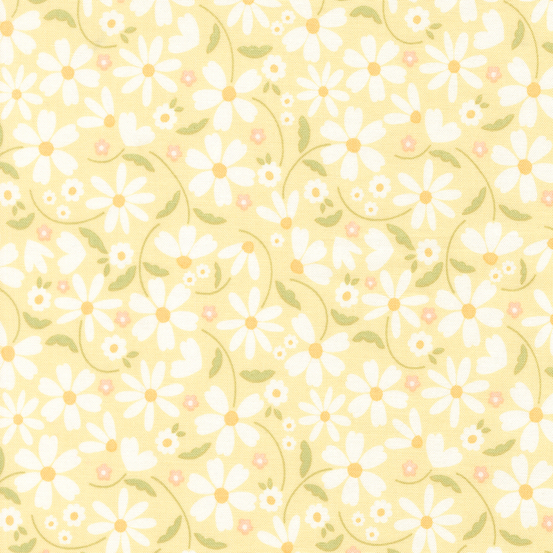 This cornsilk yellow fabric features tossed white daisies. 