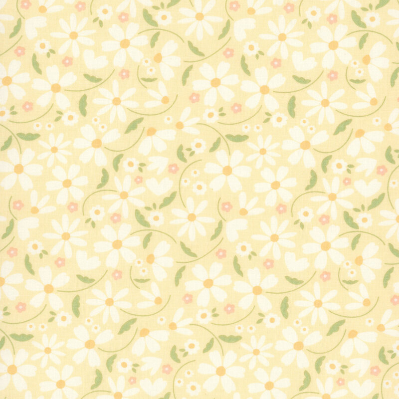 This cornsilk yellow fabric features tossed white daisies. 