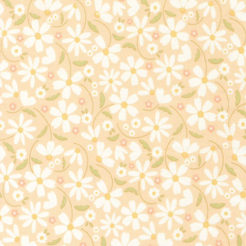 This pastel peach fabric features tossed white daisies. 
