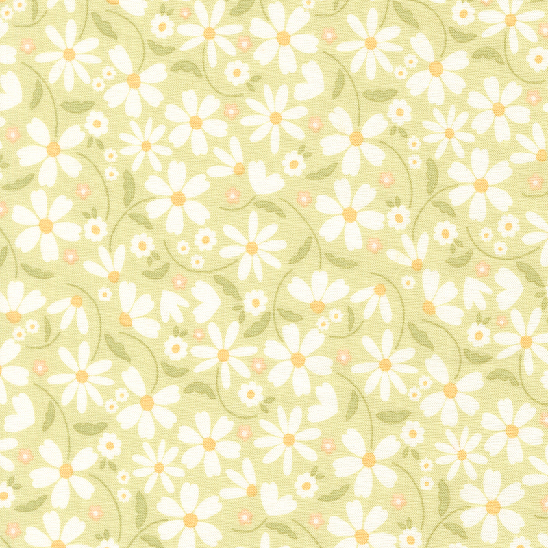 This spring green fabric features tossed white daisies. 